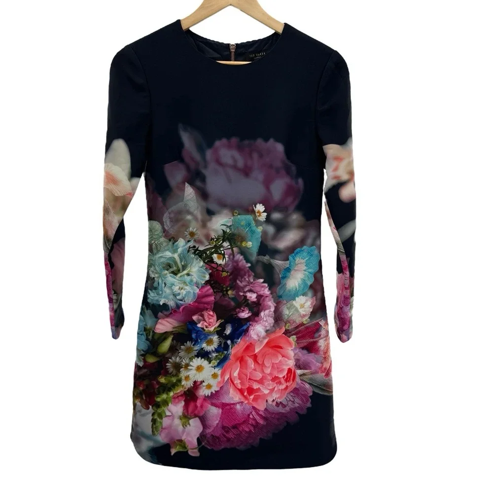 Ted Baker Vyr Dress Focus Bouquet Floral Print Black‎ Mini Tunic Size 2 - Picture 4 of 11